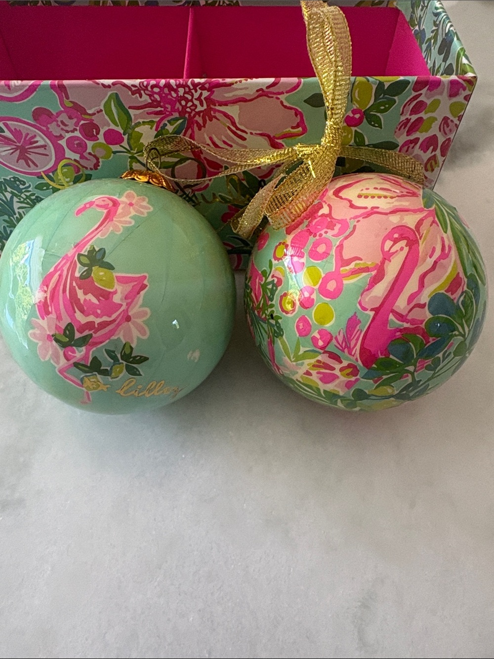 Lilly Pulitzer Mint Pink Flamingo and Floral Holiday ornaments
